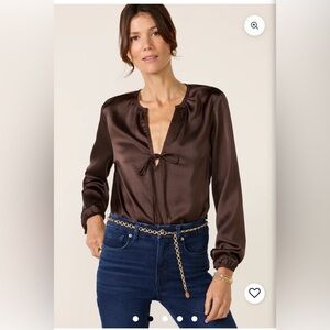 cloth & stone Satin Tie-Neck Blouse in Chocolate Brown